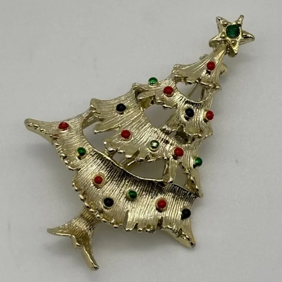 Vintage Gerry's Christmas Tree Pin, Gold Metal Green Red Decorations, Book Piece - Picture 2 of 15